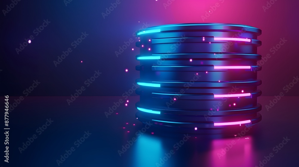 Poster futuristic glowing server or data storage concept with vibrant neon lights and tech ambiance in a da