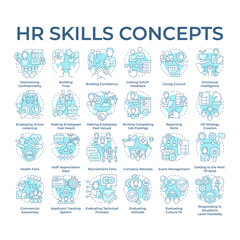 HR skills soft blue concept icons. Conflict resolution. Employee relations. Team building. Talent hiring and attracting. Icon pack. Vector images. Round shape illustrations. Abstract idea