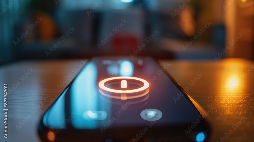 Poster icon of power button on smartphone screen on table representing starting a business