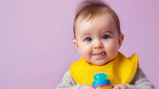 cute baby with yellow bib and toy on pastel purple background, closeup portrait