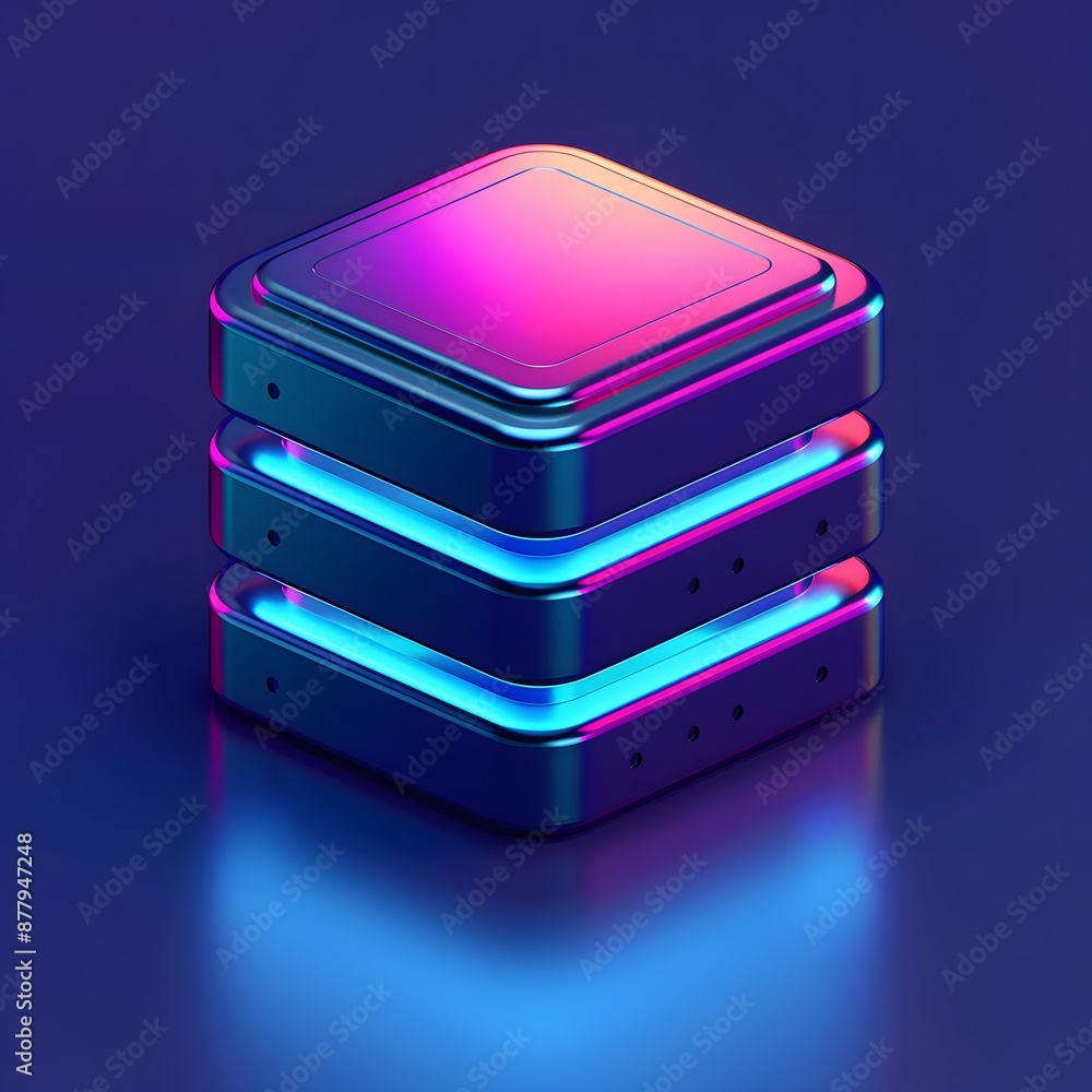Poster Futuristic neon server stacks glowing with vibrant colors on a reflective surface, representing advanced technology and data storage.