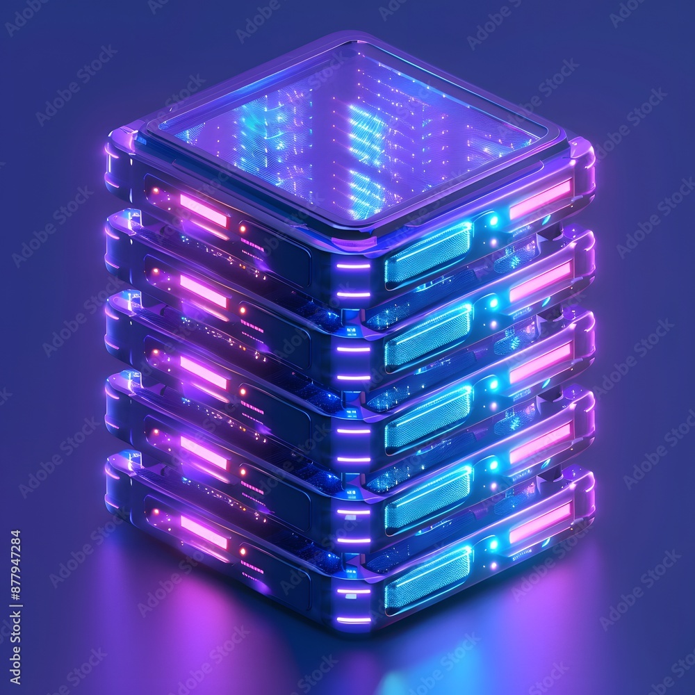 Poster futuristic neon-lit data server in a stack, glowing in pink and blue lights, symbolizing advanced te