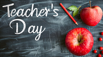 Black chalkboard with "Teacher's Day" written in chalk, red apples and pencil