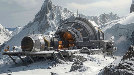 Obraz premium Futuristic Mountain Research Facility in Snowy Landscape