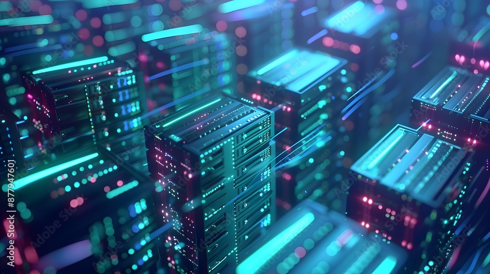 Poster futuristic server room with glowing neon lights and advanced technology, representing data storage a