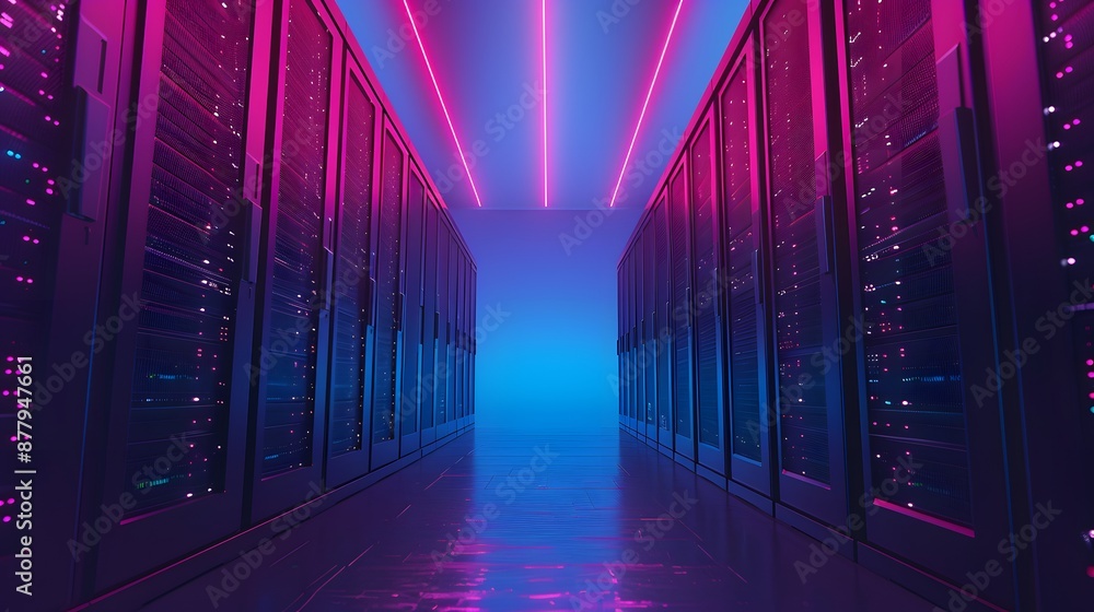 Poster futuristic server room with modern led lighting, showcasing advanced technology and digital infrastr