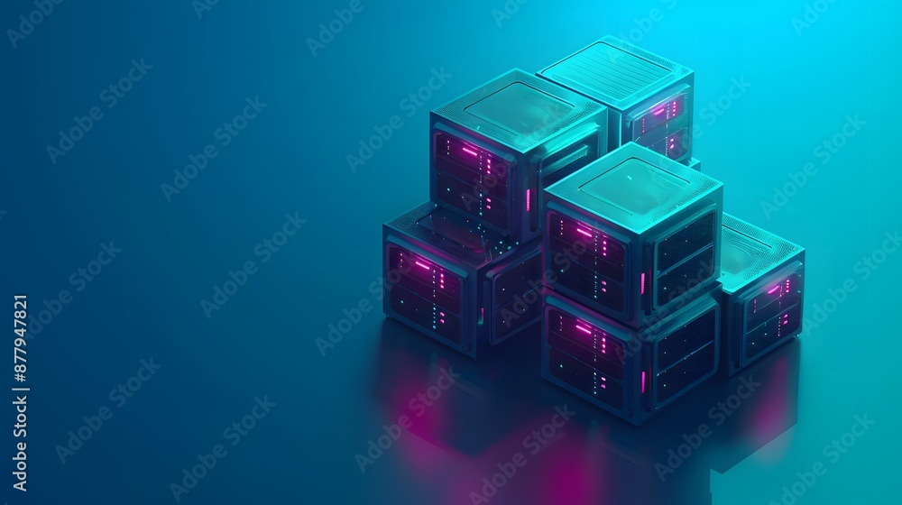 Poster futuristic server technology with glowing blue and pink colors. abstract concept of data storage and