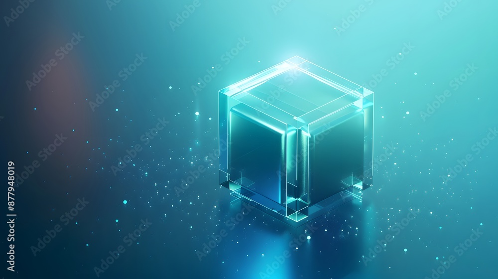 Poster futuristic transparent glowing cube surrounded by particles in a blue gradient background, symbolizi