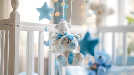 Close up baby crib with musical animal mobile at nursery room