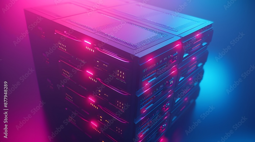 Poster high-tech server rack with glowing pink and blue lights, representing advanced data storage and tech