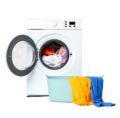 White Front Loading Washing Machine With Open Door and Laundry