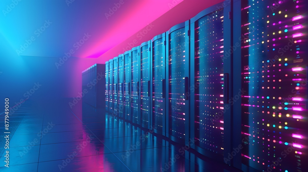 Poster modern data center with glowing neon lights showcasing server racks in a high-tech, futuristic envir