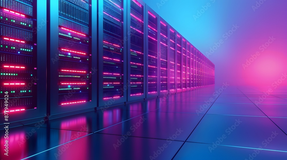 Poster modern data center with glowing servers and vibrant lighting creating a futuristic feel, perfect for