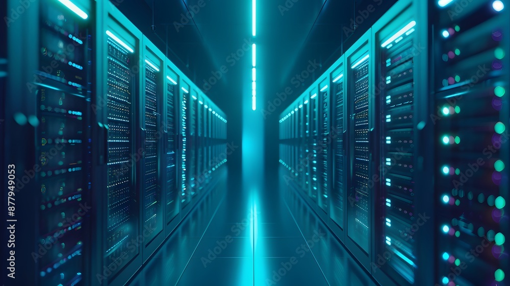 Poster modern data center with illuminated server racks and advanced technology infrastructure, showcasing 