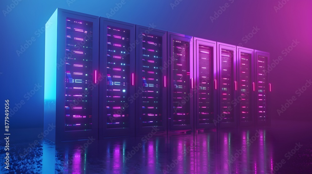 Poster modern data center with illuminated server racks in a neon-lit environment, showcasing advanced tech
