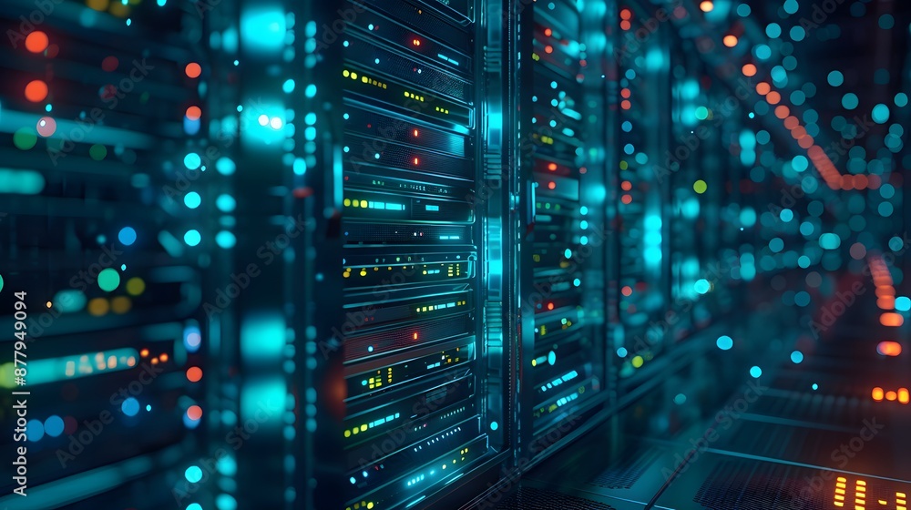 Poster modern data center with illuminated servers and cables, showcasing advanced technology and high-spee