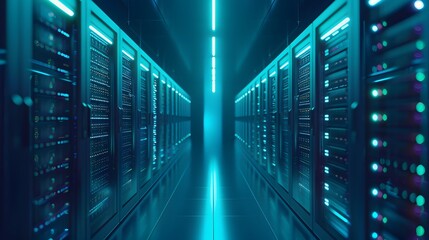 Fototapeta premium Modern data center with illuminated server racks and advanced technology infrastructure, showcasing high-performance computing.