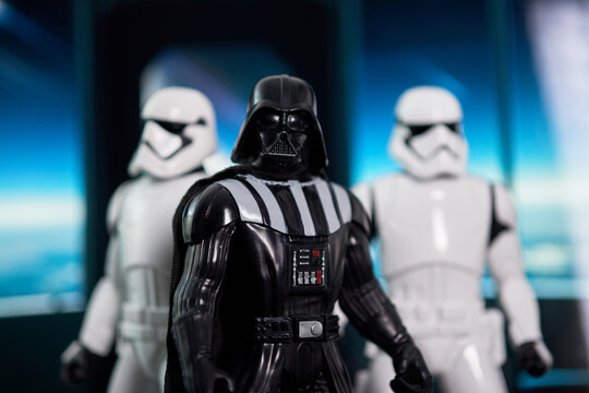 Darth Vader with storm troopers action figures in a space ship with outer space view shot on 07-08-2024,