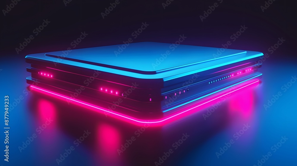 Poster modern high-tech server with neon lights, representing advanced technology and data storage solution