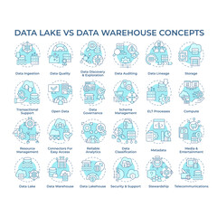 Data lake vs data warehouse soft blue concept icons. Differences and functionalities. Business intelligence. Data analytics. Icon pack. Vector images. Round shape illustrations. Abstract idea