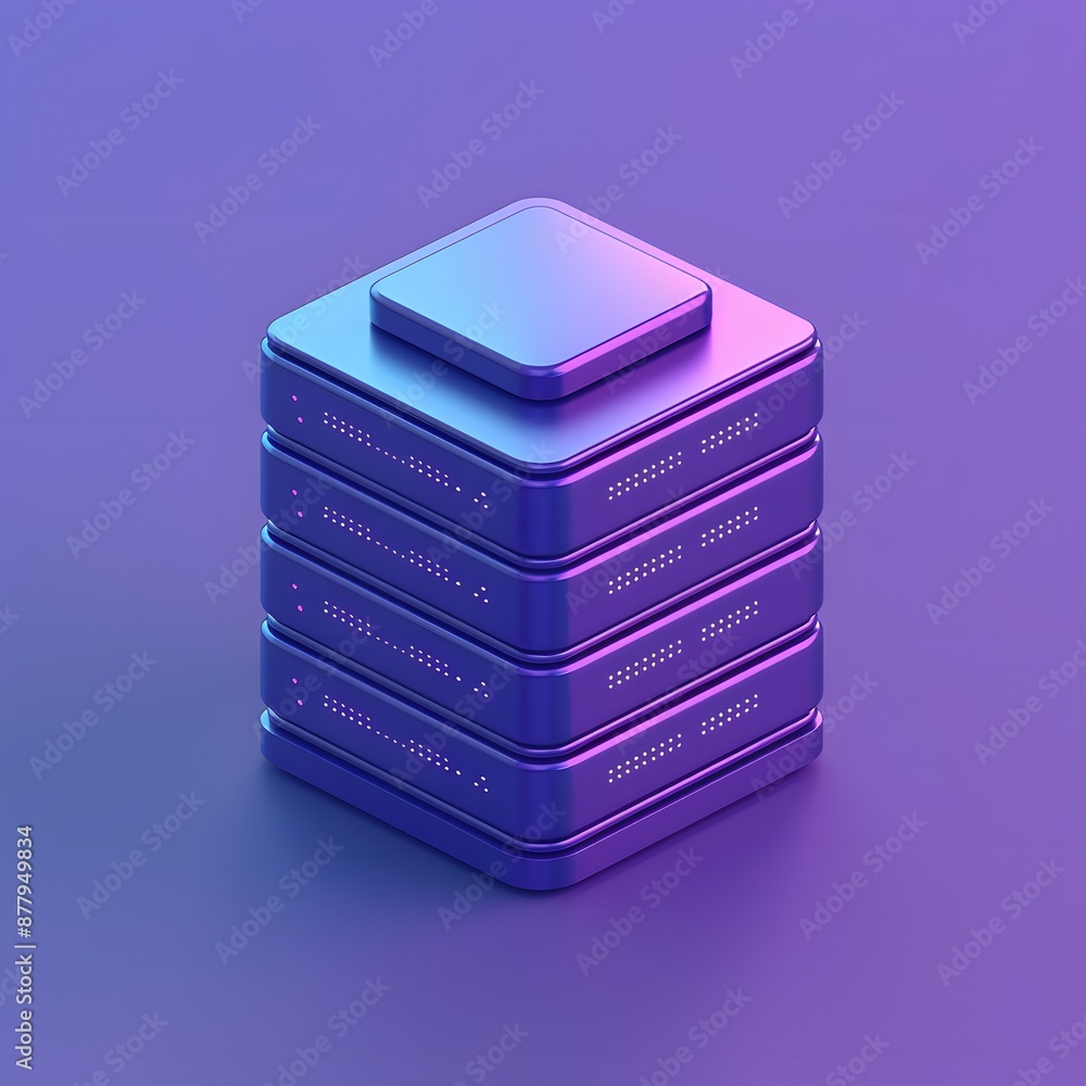 Poster stack of futuristic purple server units isolated on a gradient background, representing data storage