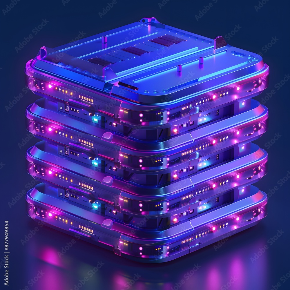 Poster stack of futuristic server hardware with neon lights in vibrant colors, representing advanced techno
