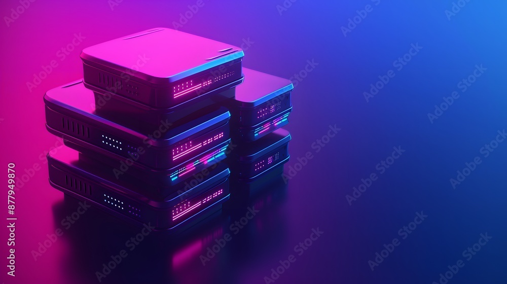 Poster stack of modern server hardware in neon light, representing technology and digital data storage solu