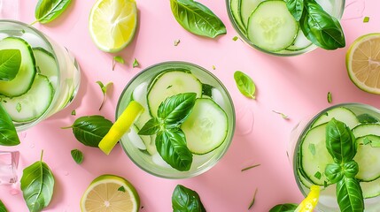 Cucumber and basil cocktail with a hint of lemon and lime on pink background