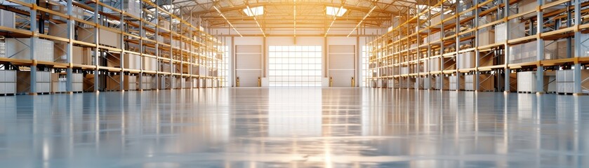 Obraz premium Spacious, modern warehouse interior illuminated by sunlight, featuring high ceilings, large shelves, and a polished concrete floor.