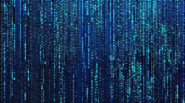 Abstract digital technology concept with random sections of binary data programming code on a wide matrix background.