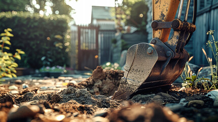 A close-up shot of an excavator bucket digging into the earth in a residential backyard. The sun casts a warm glow on the scene, highlighting the tools of construction