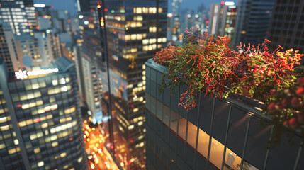 the unique sight of flowers gracefully planted on the rooftops of large buildings, captured from above as they add a touch of natural beauty to the city's nocturnal scenery.