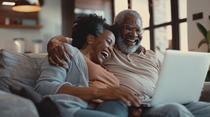 Content couple in a state of contentment at home, cherishing their time together on the sofa, sharing laughter, embraces, and utilizing a computer to create a genuine and intimate moment.