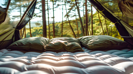 A view from inside a tent, showcasing a comfortable sleeping arrangement with pillows and an inflatable mattress, all overlooking a lush forest backdrop