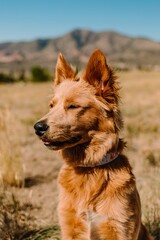 Fluffy red mixed breed mutt rescue dog in sunshine in the mountains