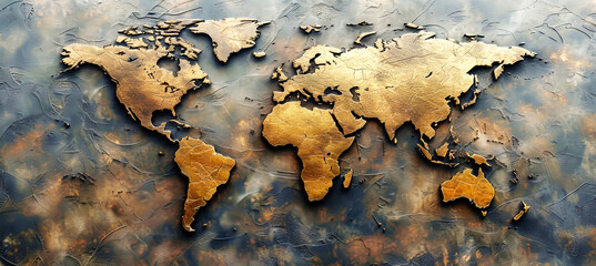 A detailed world map embossed on a textured canvas, showcasing a unique artistic interpretation of geography