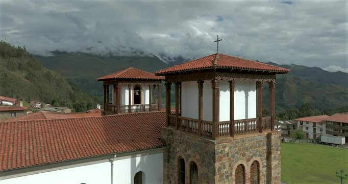 Aerial view of the bell tower of the church in Chacas, Ancash, Peru