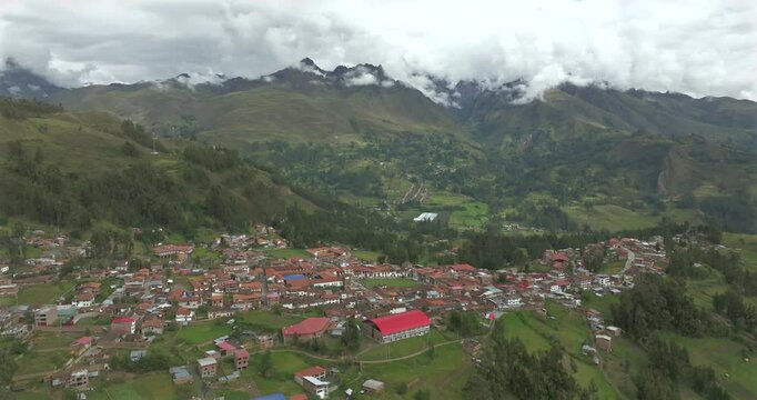 Panoramic aerial view of the city of Chacas in the Peruvian Andes.