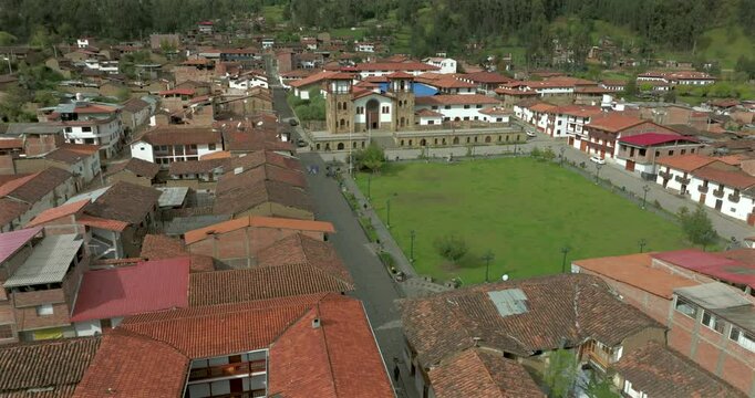 Aerial view of Chacas Church and Park, Ancash, Andes, Peru