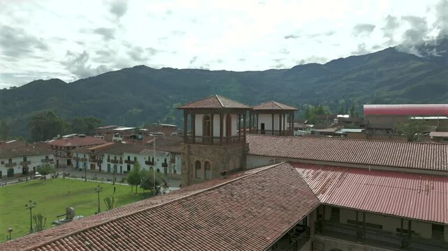 Aerial view of the bell tower of the church in Chacas, Ancash, Peru