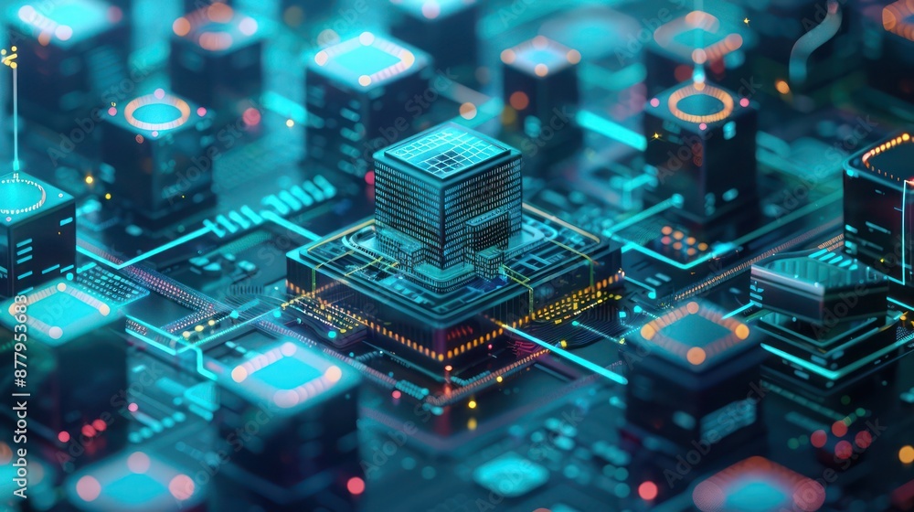 Poster digital financial hub with blockchain networks and secure data transactions, symbolizing the transfo