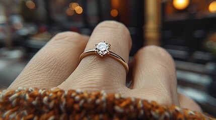 Winter Elegance: Hand Holding Large Diamond Ring in Knit Glove