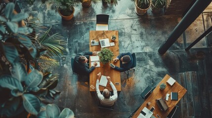 The photo shows a group of diverse professionals in a modern office setting. They are gathered around a table, working on a project together. The office is bright and airy, with lots of plants and