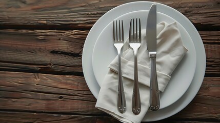 Fork and knife wrapped into napkin put on plate