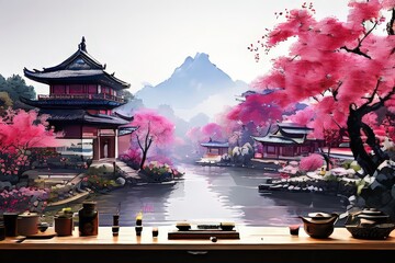 Fototapeta premium the AI Image Generator, Japanese Park with Cherry Blossom Tree