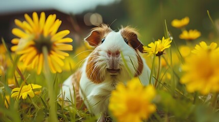 Funny little guinea pig sitting in yellow flowers outdoors