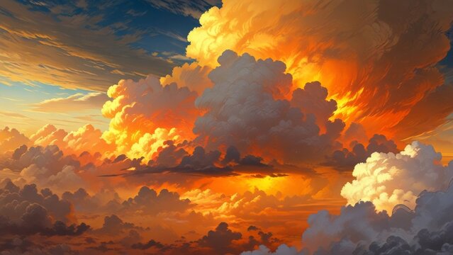 Dramatic anime sunset sky with beautiful cumulus clouds
