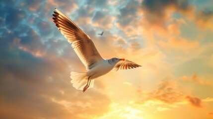 Seagull flying against evening sky