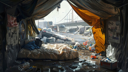 view loooking down at a dirty mattress from inside a sunny tent under a bridge