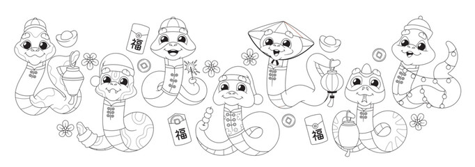 Outline Black And White Adorable Cute Cartoon Snakes Dressed In Traditional New Year Attire. Set Includes Elements